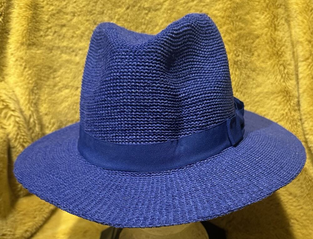 Collection Eighteen Women's Blue w/Band & Bow Woven Cotton Blend Fedora OS Derby